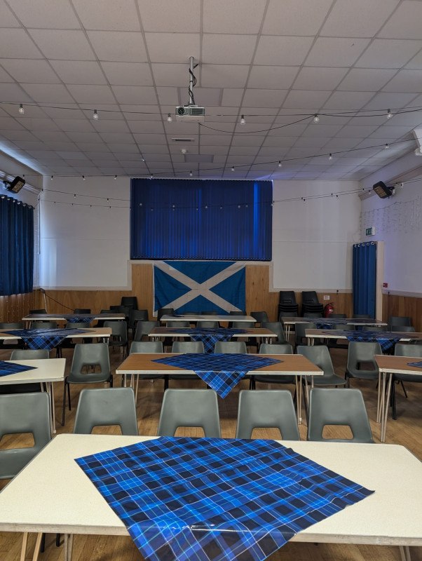 Main Hall - set up to watch football on projector screen