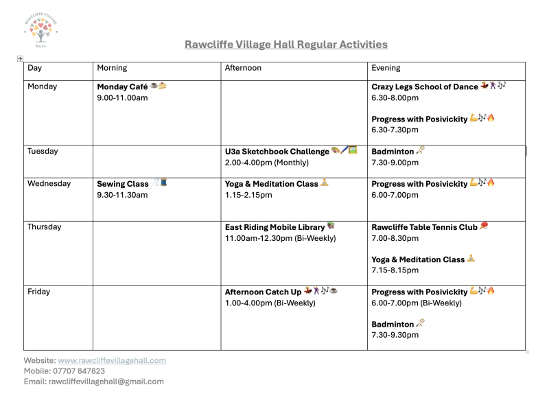 Weekly Timetable of Activities